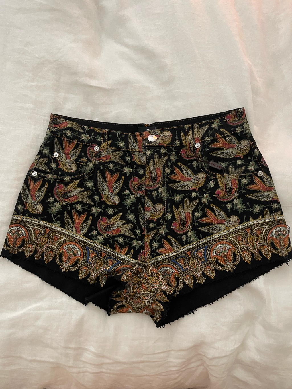 Etro Black Paisley & Bird Embroidered High-Waist Jean Shorts